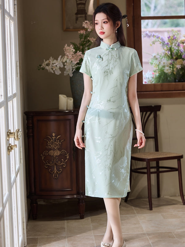 Pure Bamboo Elegance – A Timeless Cyan Bamboo Cheongsam with Embroidered Grace