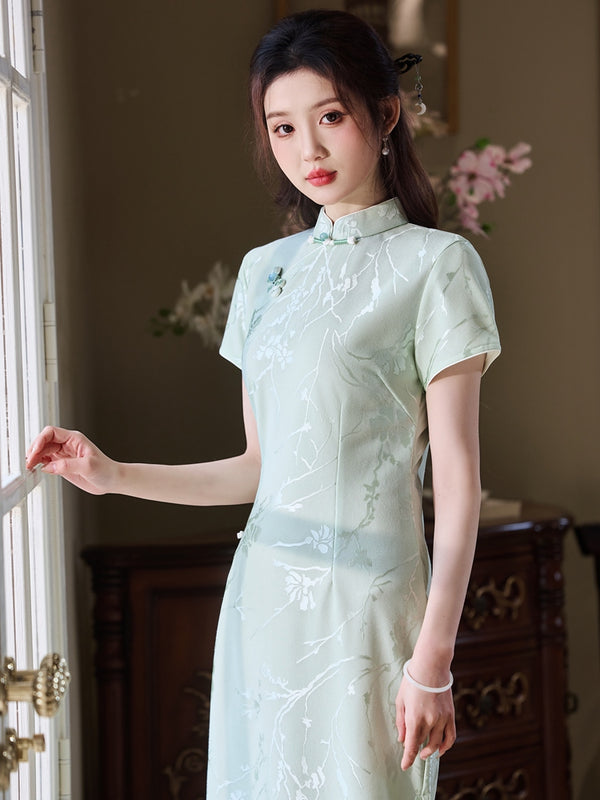 Pure Bamboo Elegance – A Timeless Cyan Bamboo Cheongsam with Embroidered Grace