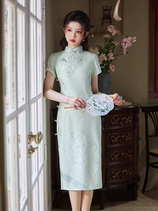 Pure Bamboo Elegance – A Timeless Cyan Bamboo Cheongsam with Embroidered Grace