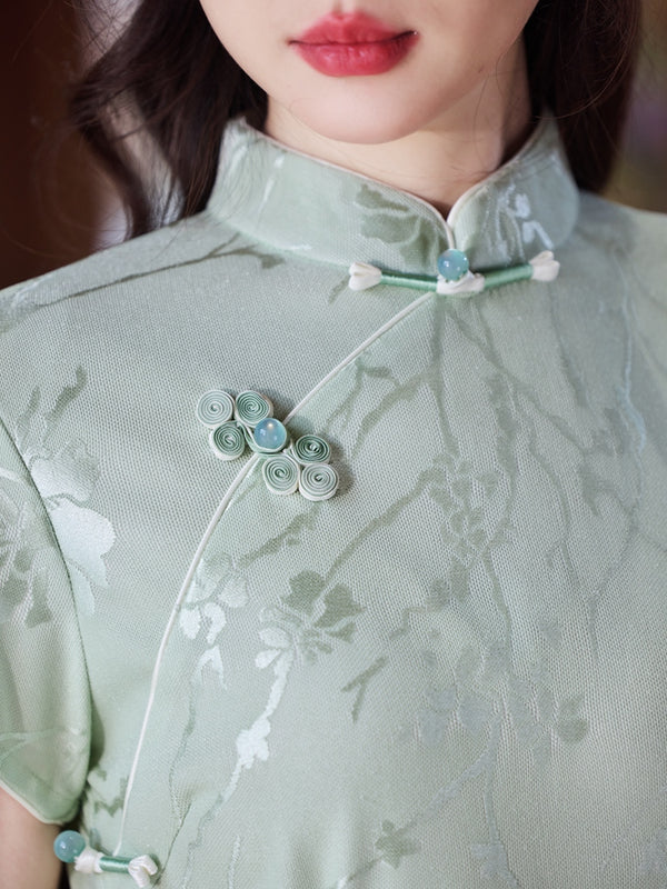 Pure Bamboo Elegance – A Timeless Cyan Bamboo Cheongsam with Embroidered Grace
