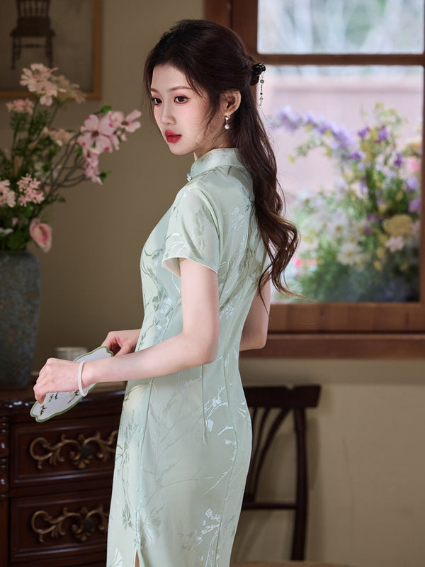Pure Bamboo Elegance – A Timeless Cyan Bamboo Cheongsam with Embroidered Grace