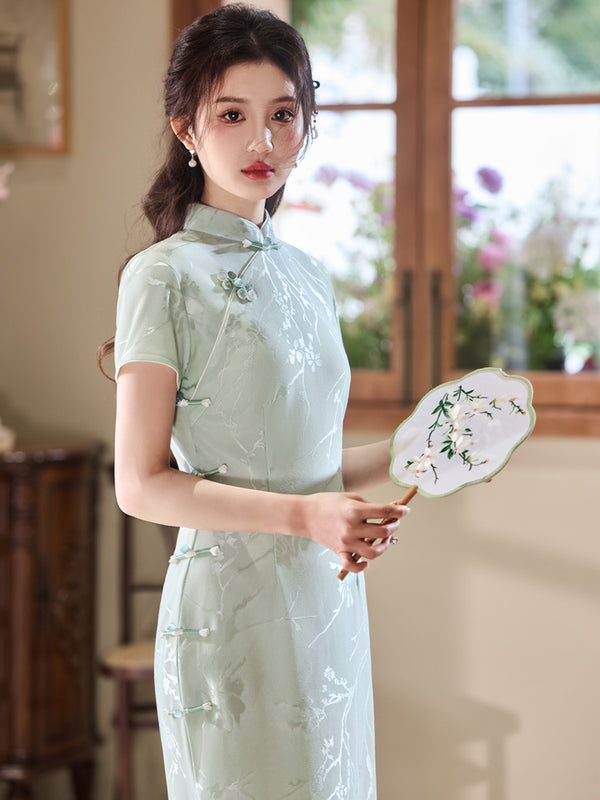 Pure Bamboo Elegance – A Timeless Cyan Bamboo Cheongsam with Embroidered Grace