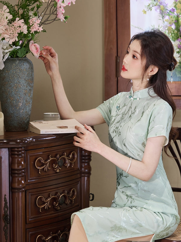 Pure Bamboo Elegance – A Timeless Cyan Bamboo Cheongsam with Embroidered Grace